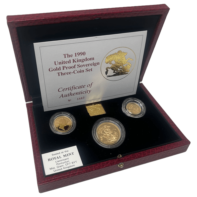 The Royal Mint Gold Coin Collections 1990 UK Gold Proof 3-Coin Sovereign Set – Queen Elizabeth II