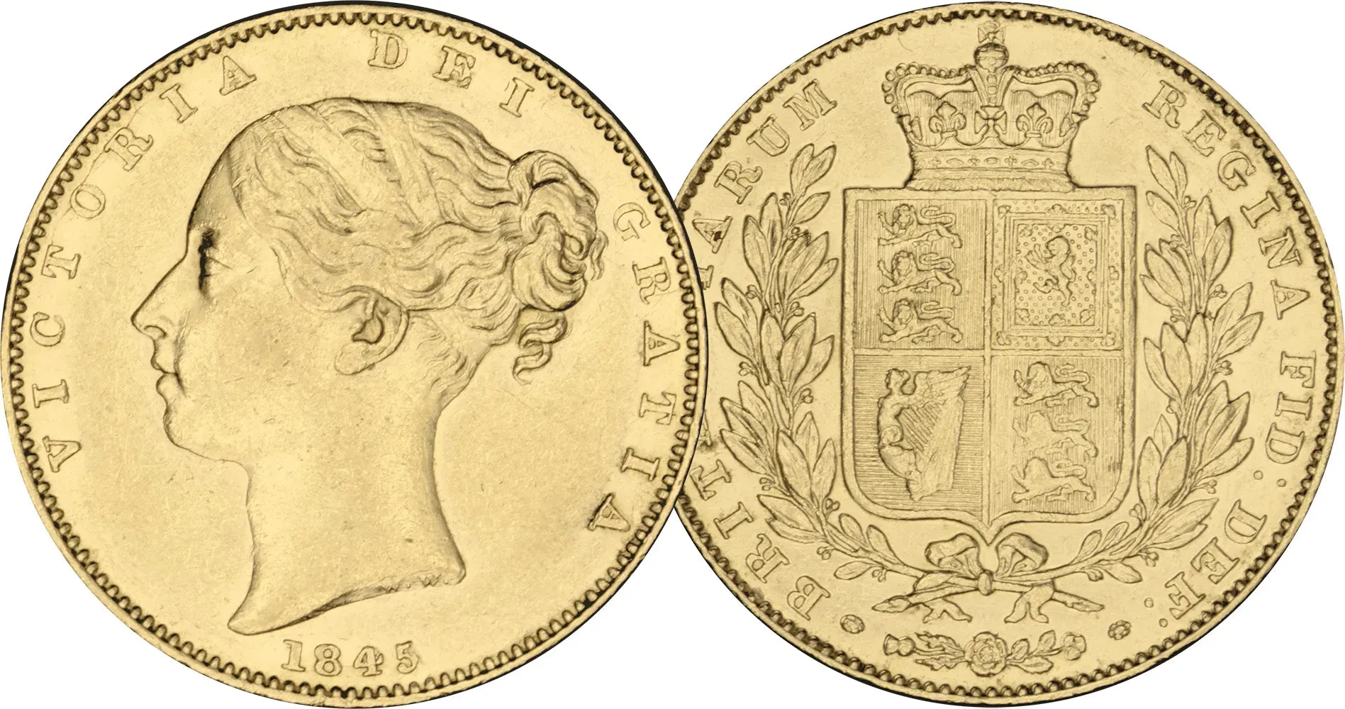 Gold coin featuring Queen Victoria's profile and royal coat of arms.