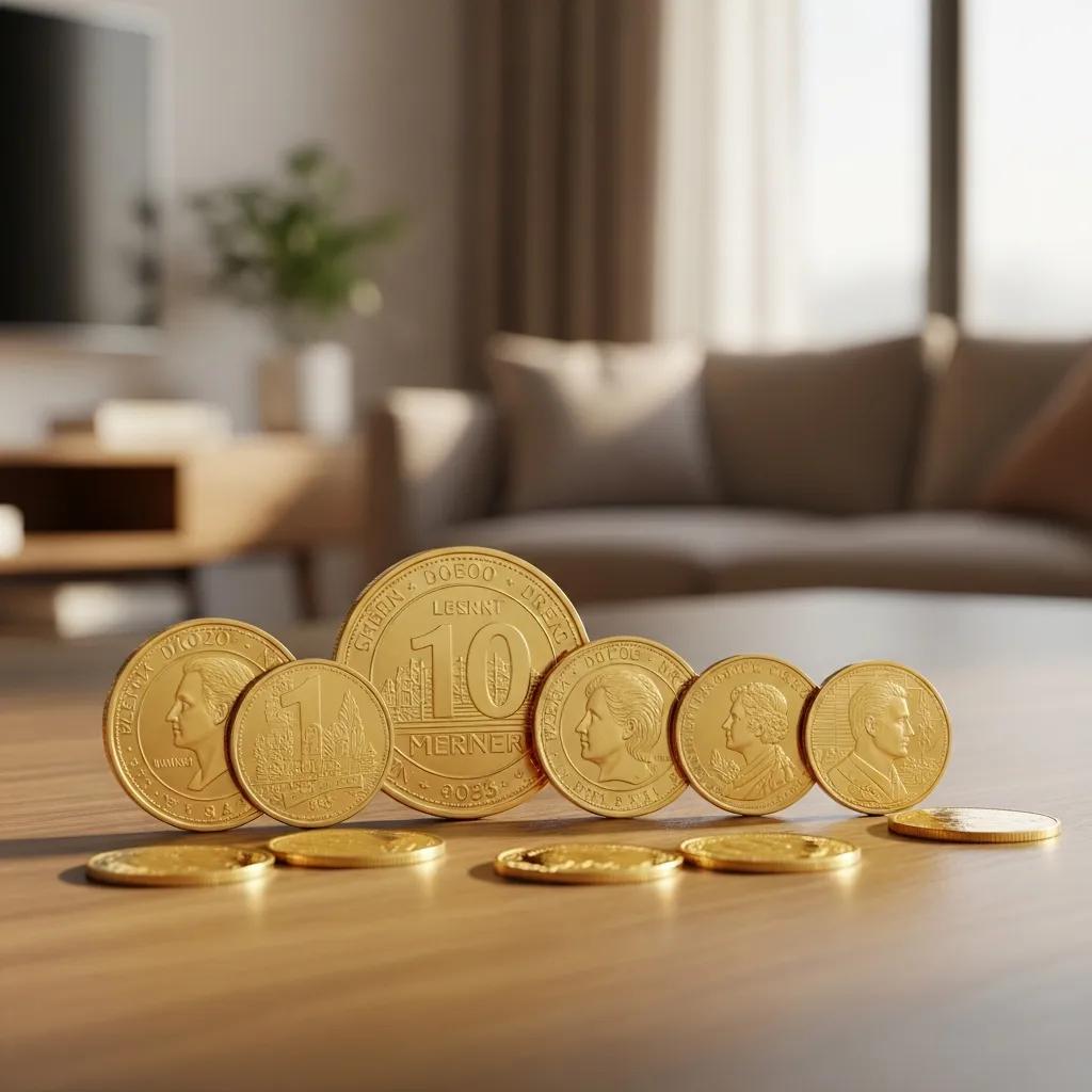 A collection of gold coins on a wooden table, symbolizing investment and financial security