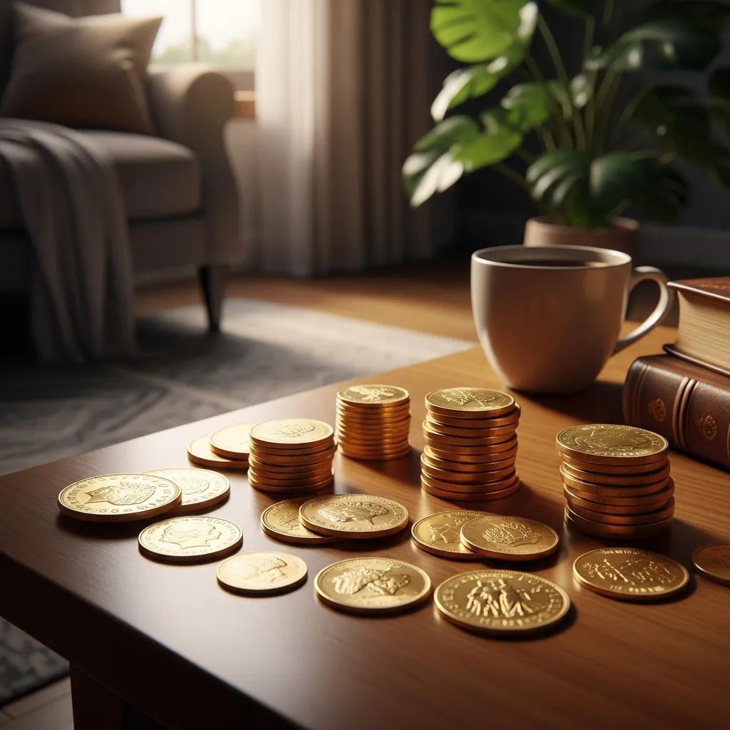 Collection of gold coins on a wooden table in a cozy living space