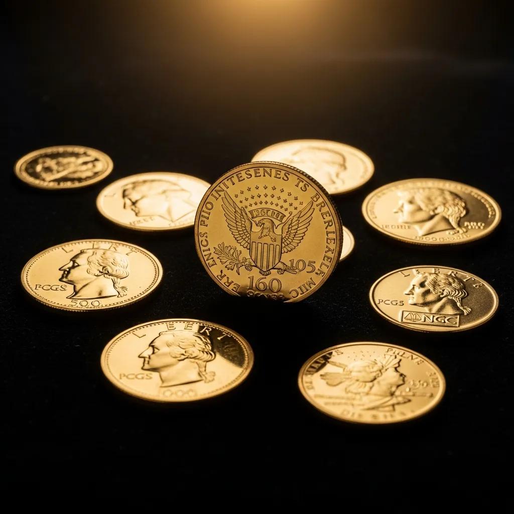 Collection of PCGS and NGC graded gold coins on a velvet background, showcasing their shine and details