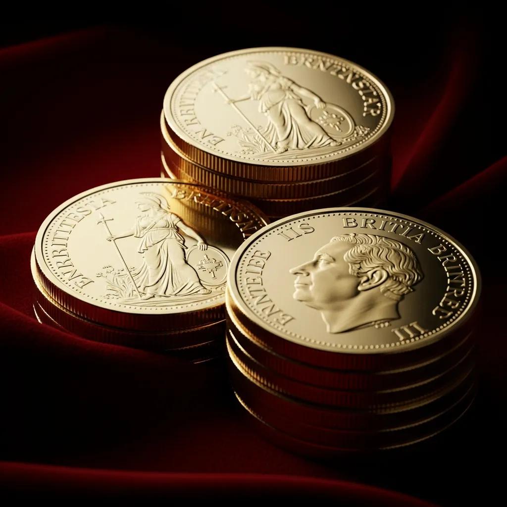 Gold Britannia coins displayed on a velvet background, emphasizing their value and beauty
