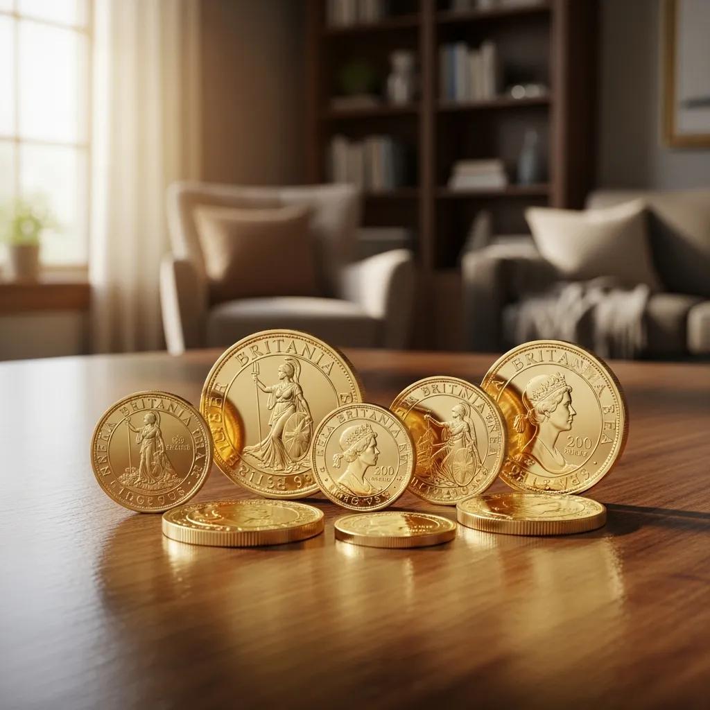 Gold Britannia coins displayed on a wooden table, showcasing their intricate designs and high purity