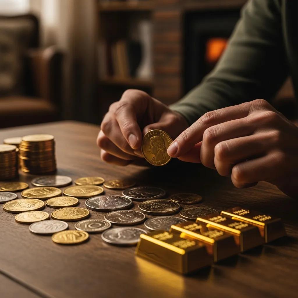 Gold coins and bars on a wooden table, symbolizing investment and wealth preservation