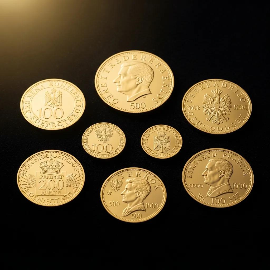 Gold proof set coins displayed elegantly on a velvet background, highlighting their intricate designs and high purity