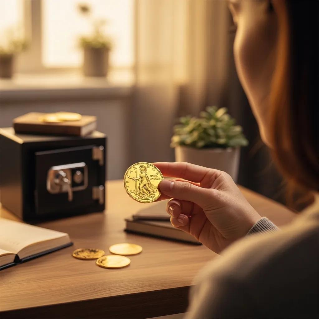 Person examining a Gold Britannia coin in a cozy home environment, emphasizing investment and wealth