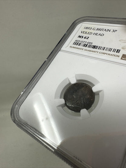 Exclusive Coins 1893 Great Britain  Three pence Queen Victoria Veiled Head Mint State Coin 62