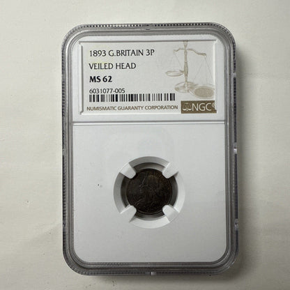 Exclusive Coins 1893 Great Britain  Three pence Queen Victoria Veiled Head Mint State Coin 62