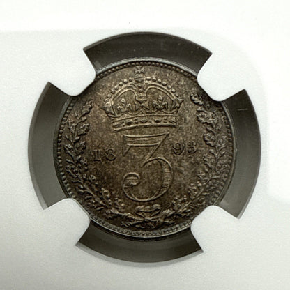 Exclusive Coins 1893 Great Britain  Three pence Queen Victoria Veiled Head Mint State Coin 62