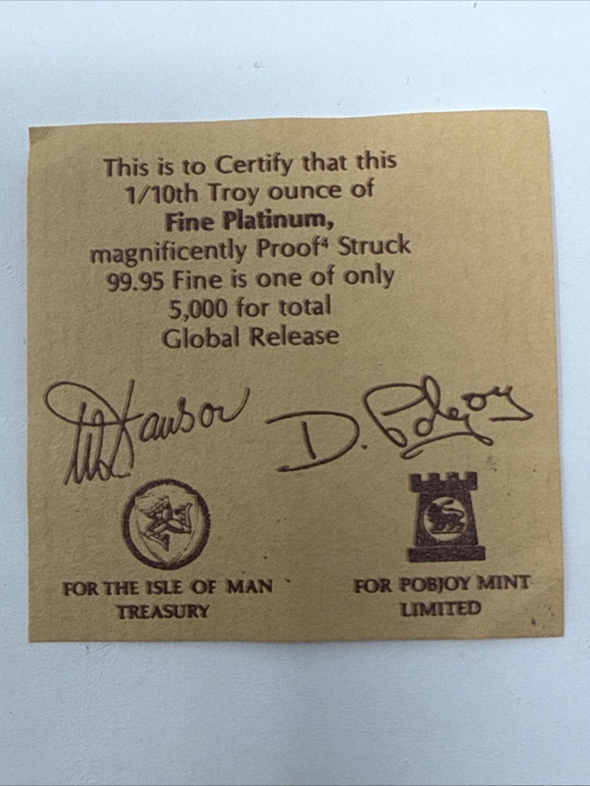 Exclusive Coins 1984 Isle Of Man 1/10 Fine Platinum Proof Coin As Struck