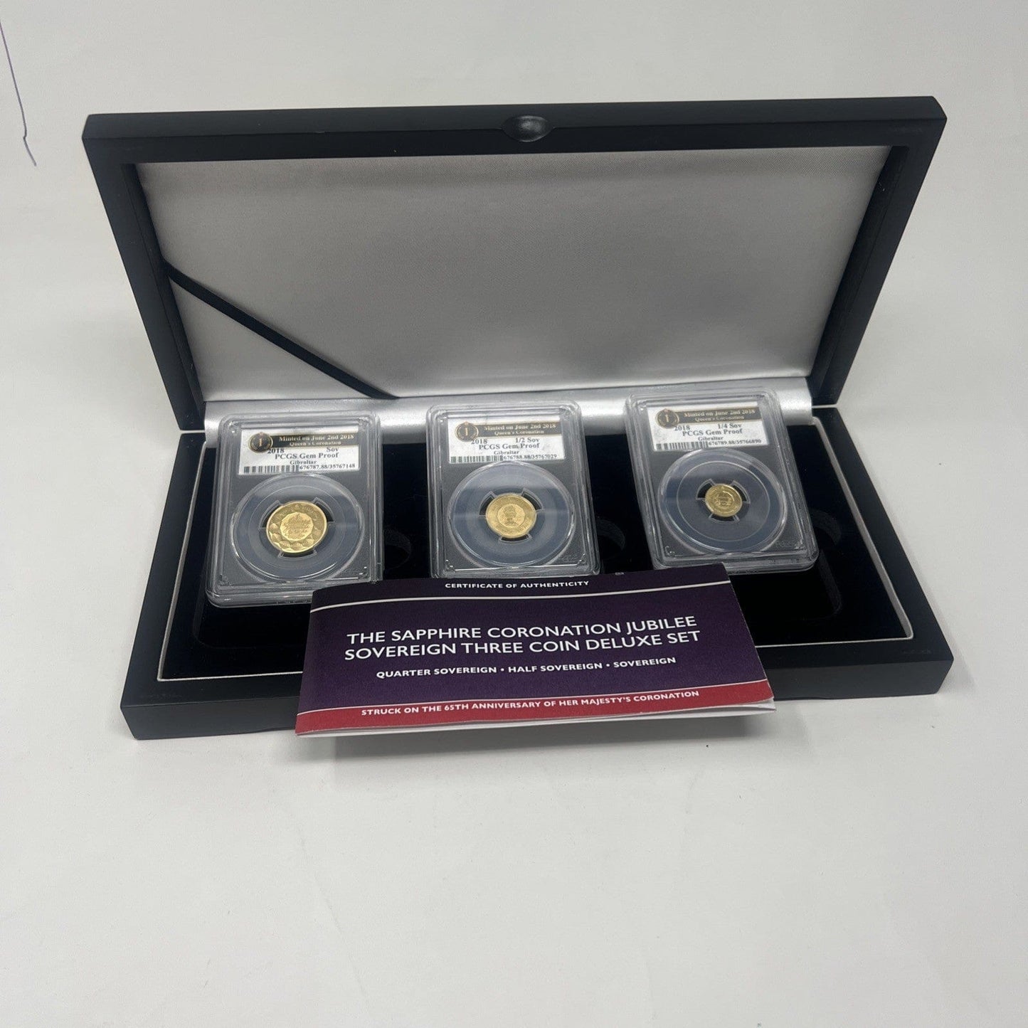 Exclusive Coins 2018 The Sapphire Coronation Jubilee Sovereign 3 Coin Deluxe Set PCGS Gem Proof