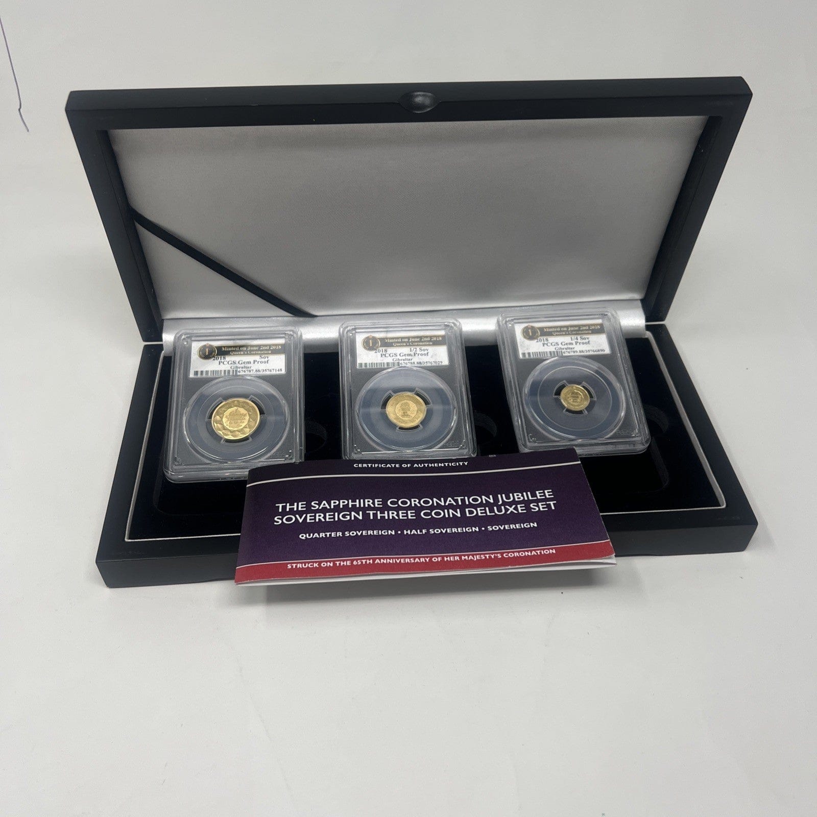 Exclusive Coins 2018 The Sapphire Coronation Jubilee Sovereign 3 Coin Deluxe Set PCGS Gem Proof