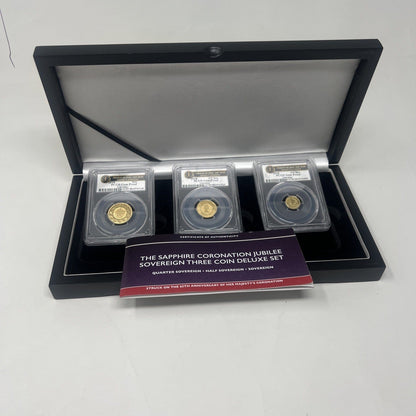 Exclusive Coins 2018 The Sapphire Coronation Jubilee Sovereign 3 Coin Deluxe Set PCGS Gem Proof