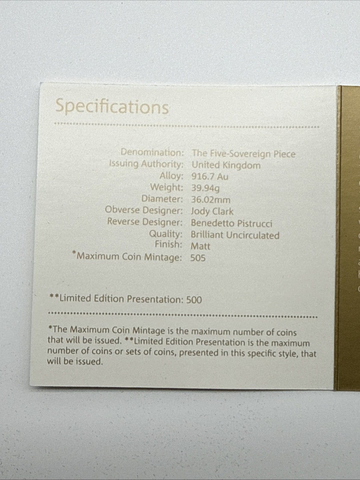 Exclusive Coins 2019 The Five Sovereign Piece Gold Bu Coin 22k Royal Mint Matte Finish