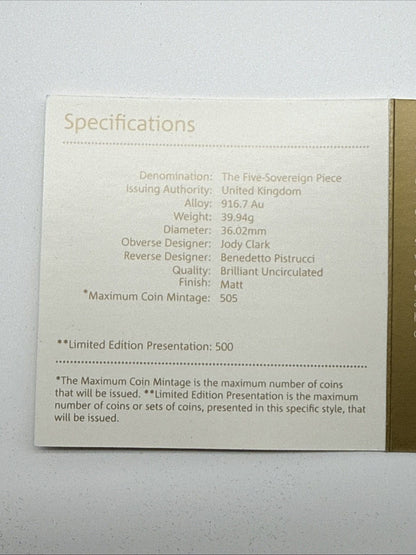 Exclusive Coins 2019 The Five Sovereign Piece Gold Bu Coin 22k Royal Mint Matte Finish