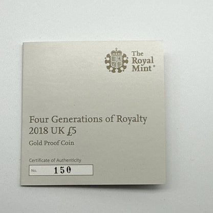 Exclusive Coins Queen Elizabeth II 2018 Four Generations Of Royalty Gold Proof £5 Coin 22k