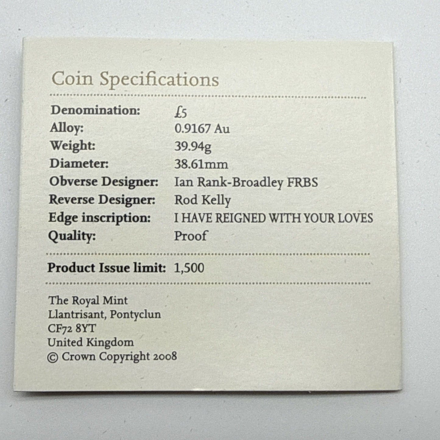 Exclusive Coins The 2008 Uk Queen Elizabeth I £5 Gold Proof Coin 22k Royal Mint