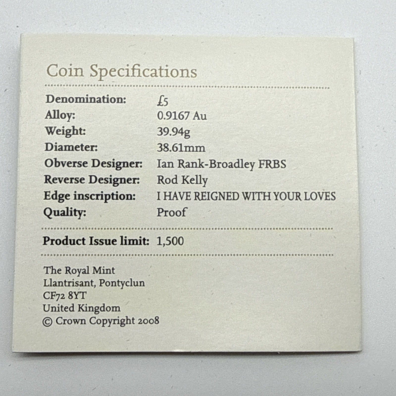 Exclusive Coins The 2008 Uk Queen Elizabeth I £5 Gold Proof Coin 22k Royal Mint