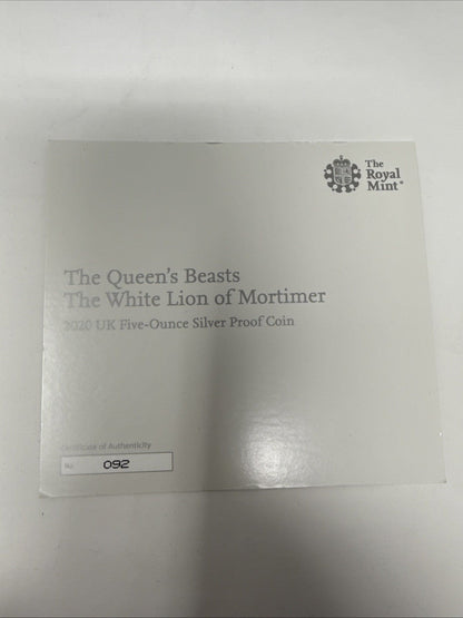 Exclusive Coins The Queens Beast 2020  The White Lion Of Mortimer Silver Proof 5oz Coin