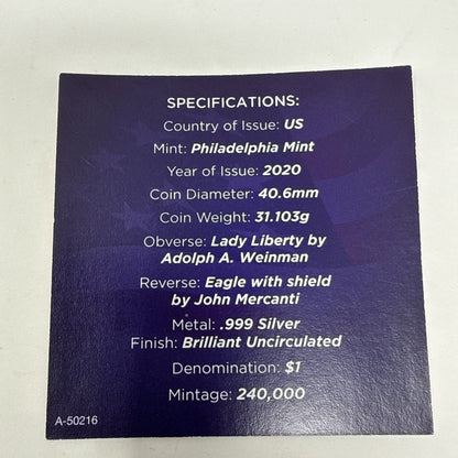 Exclusive Coins US 2020 (P) Emergency Issue Silver Eagle $1 Dollar Coin Philadelphia Mint 1oz