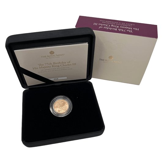 The Royal Mint Coins 2023 King Charles III 75th Birthday Gold Sovereign – Struck on the Day